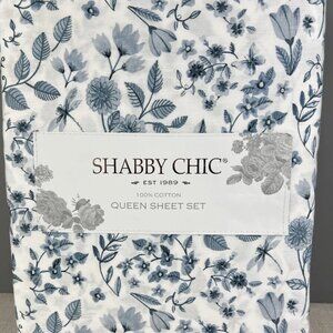 Shabby Chic Queen Sheet Set Floral Blue and White 100% Cotton 4 pc New in Pkg.